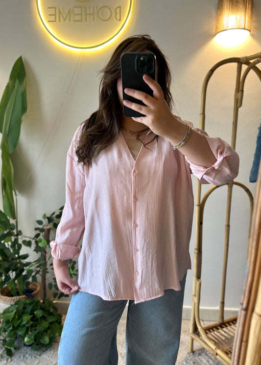 Pink Striped Oversized V Neck Shirt