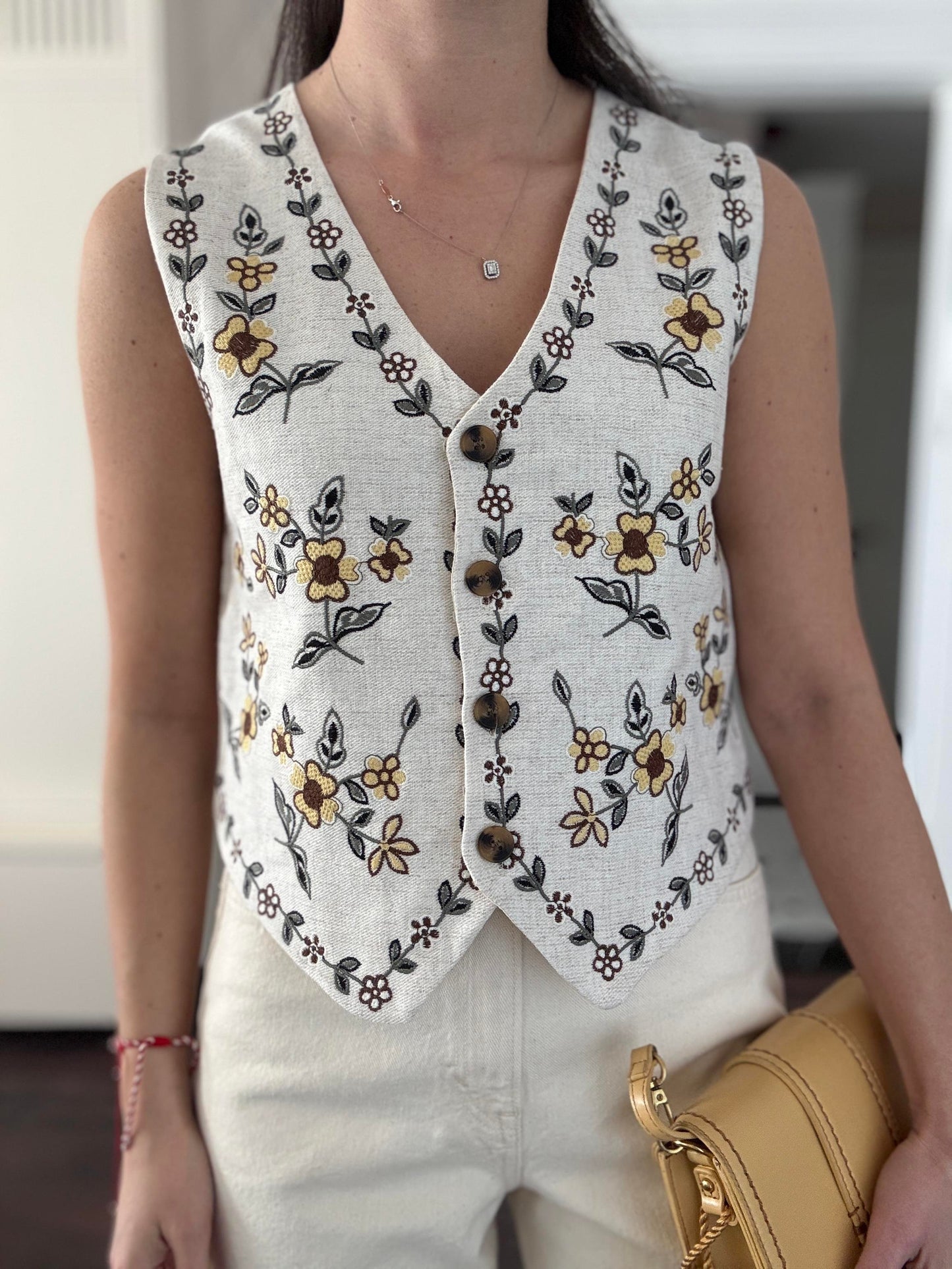 Linen Floral Yellow Embroidered Vest
