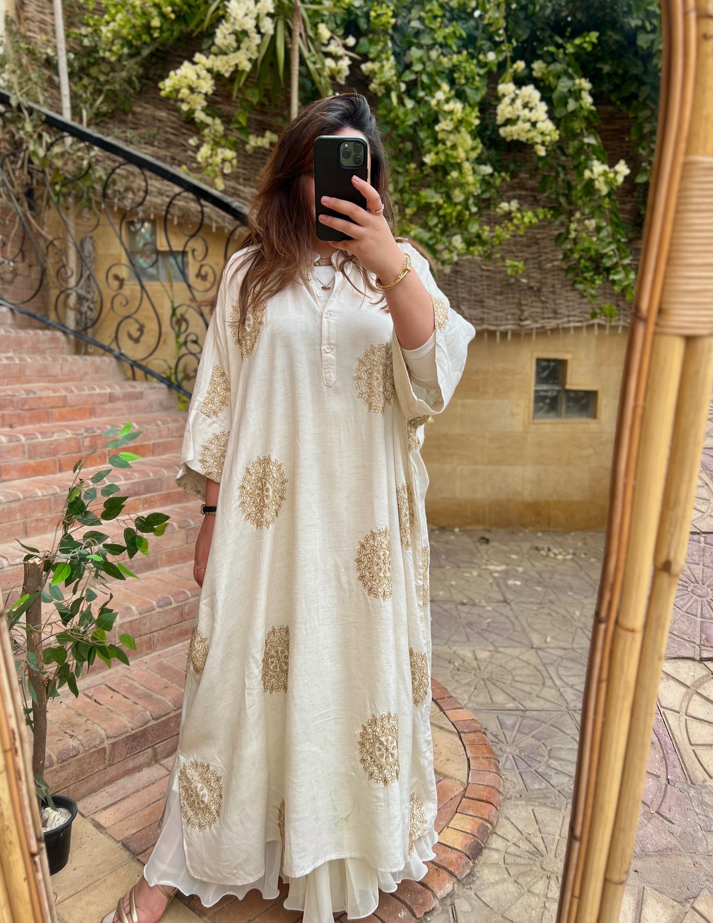 Off White Boho Shirt Dress With Golden Threads Embroidery