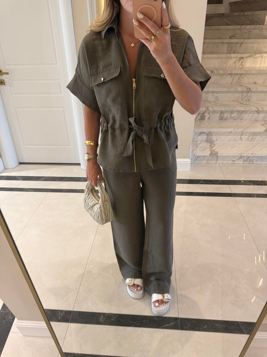 Olive zipped Belted Top