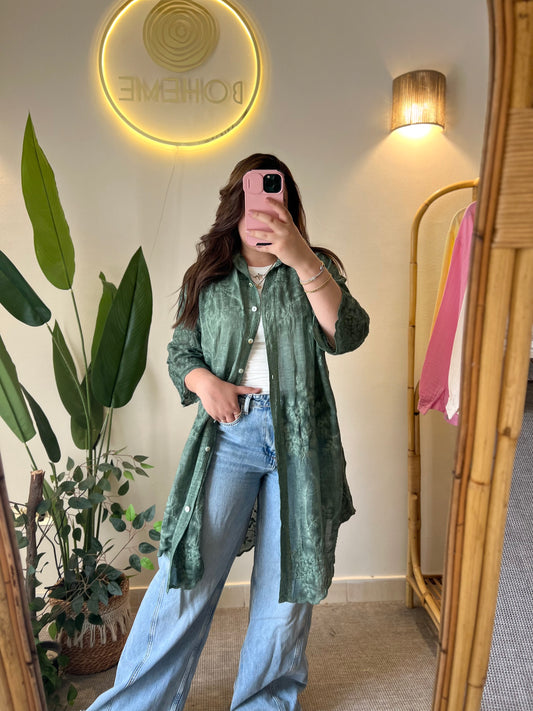 Green Embroidered Floral Lace Long Shirt
