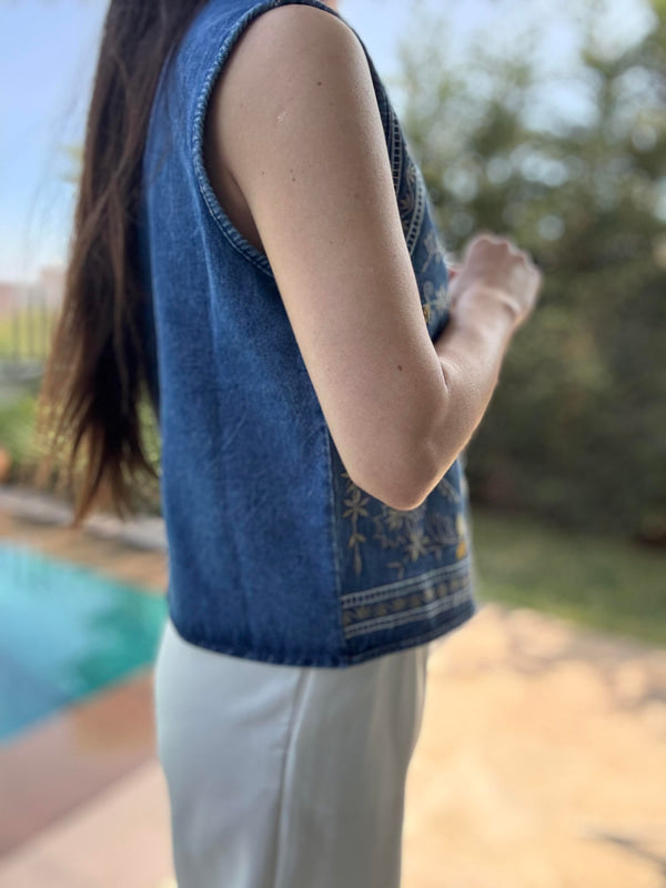 Dark Blue Denim Embroidered Vest