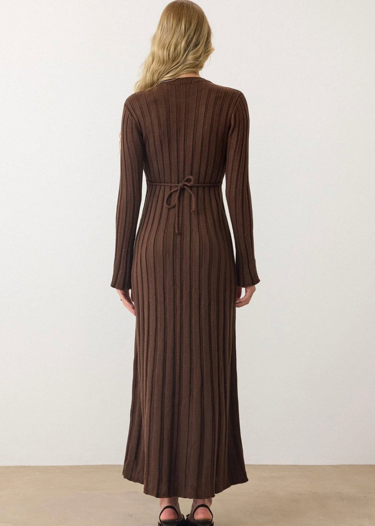 Brown Triko Ribbed Dress With Waist Tie