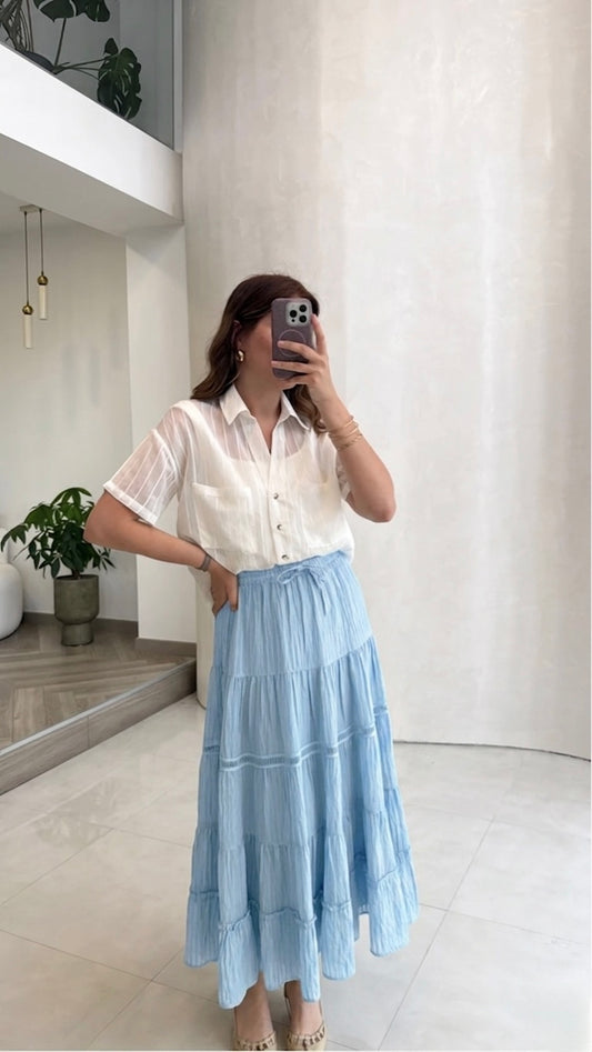 Baby Blue Stripy Flowy Skirt