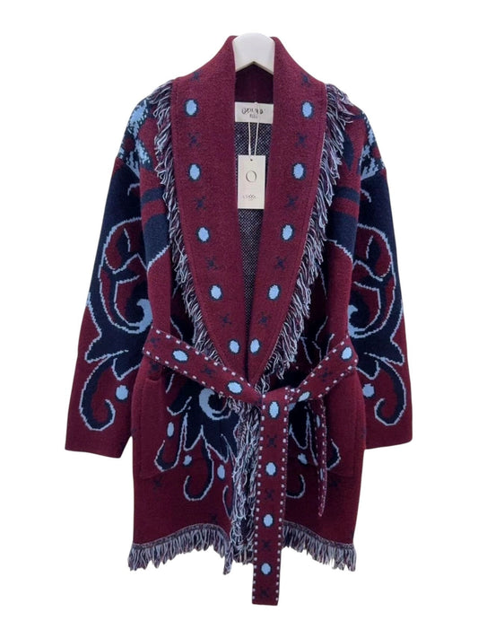 The French Burgundy Fringes Cardigan With Belt & Pockets