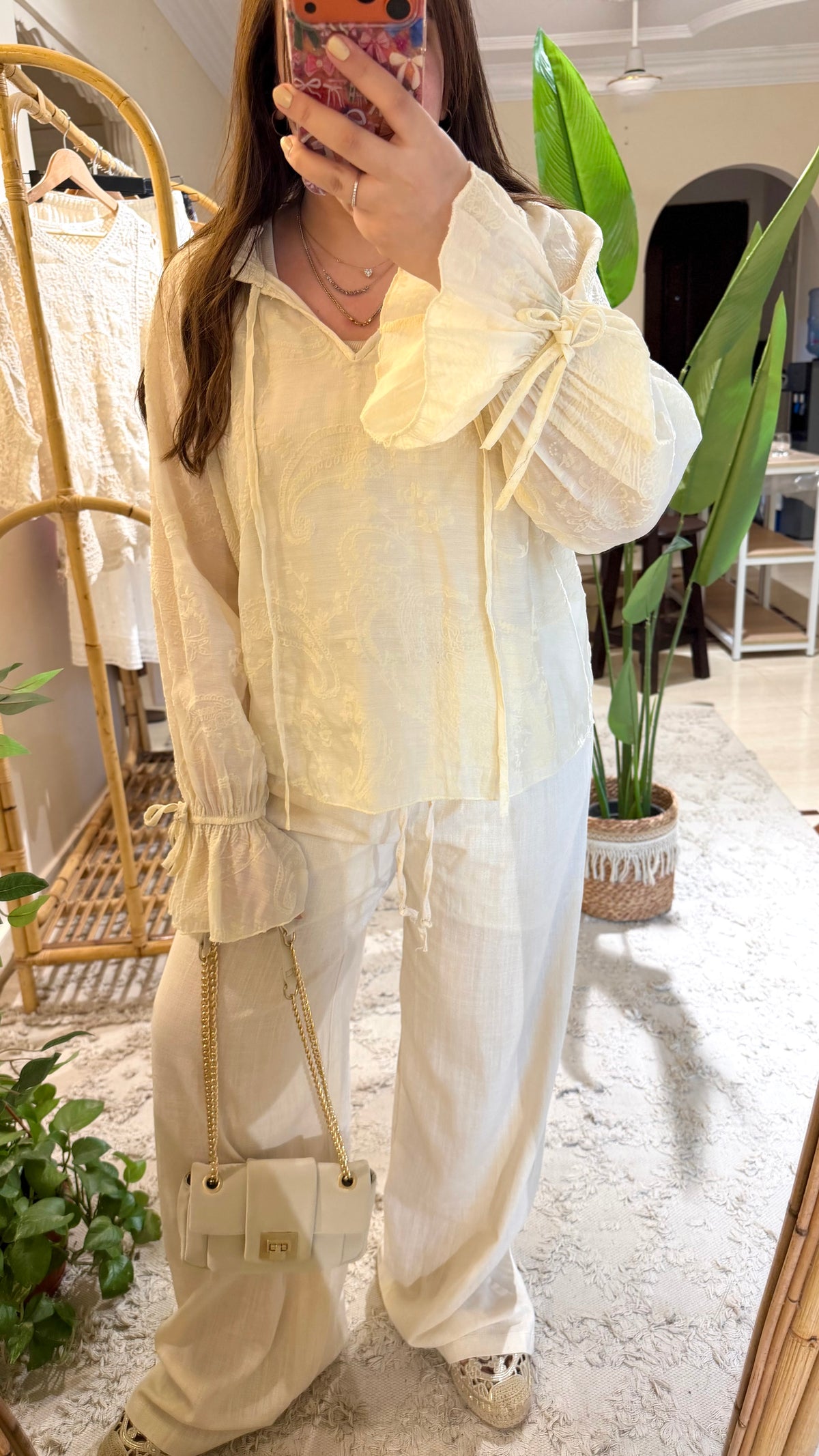 Boho Beige Embroidery Blouse With Ties