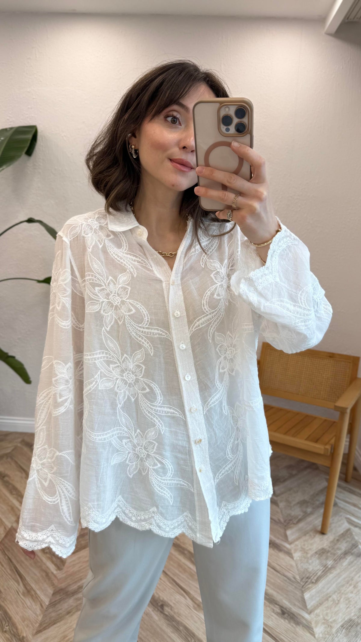 White Embroidered Floral Lace Shirt
