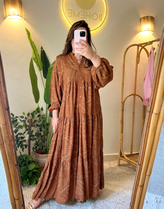 Camel Gold Embroidered Leaves Wide Dress