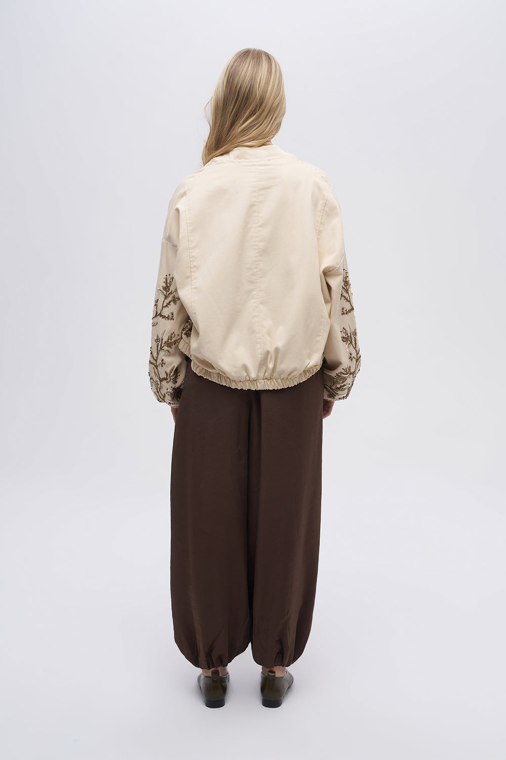 Beige Embroidered Bomber Jacket