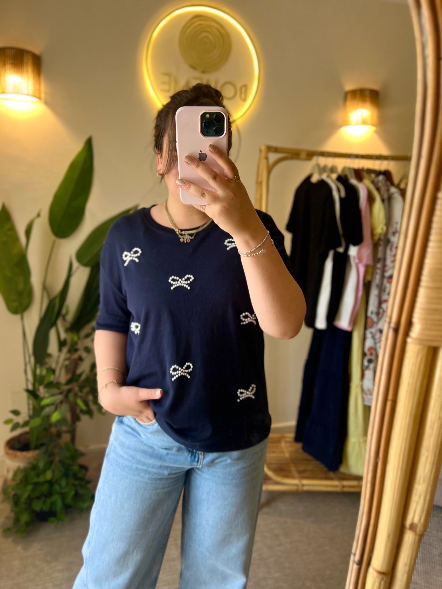 Navy Pearl Bows Emballished T-Shirt