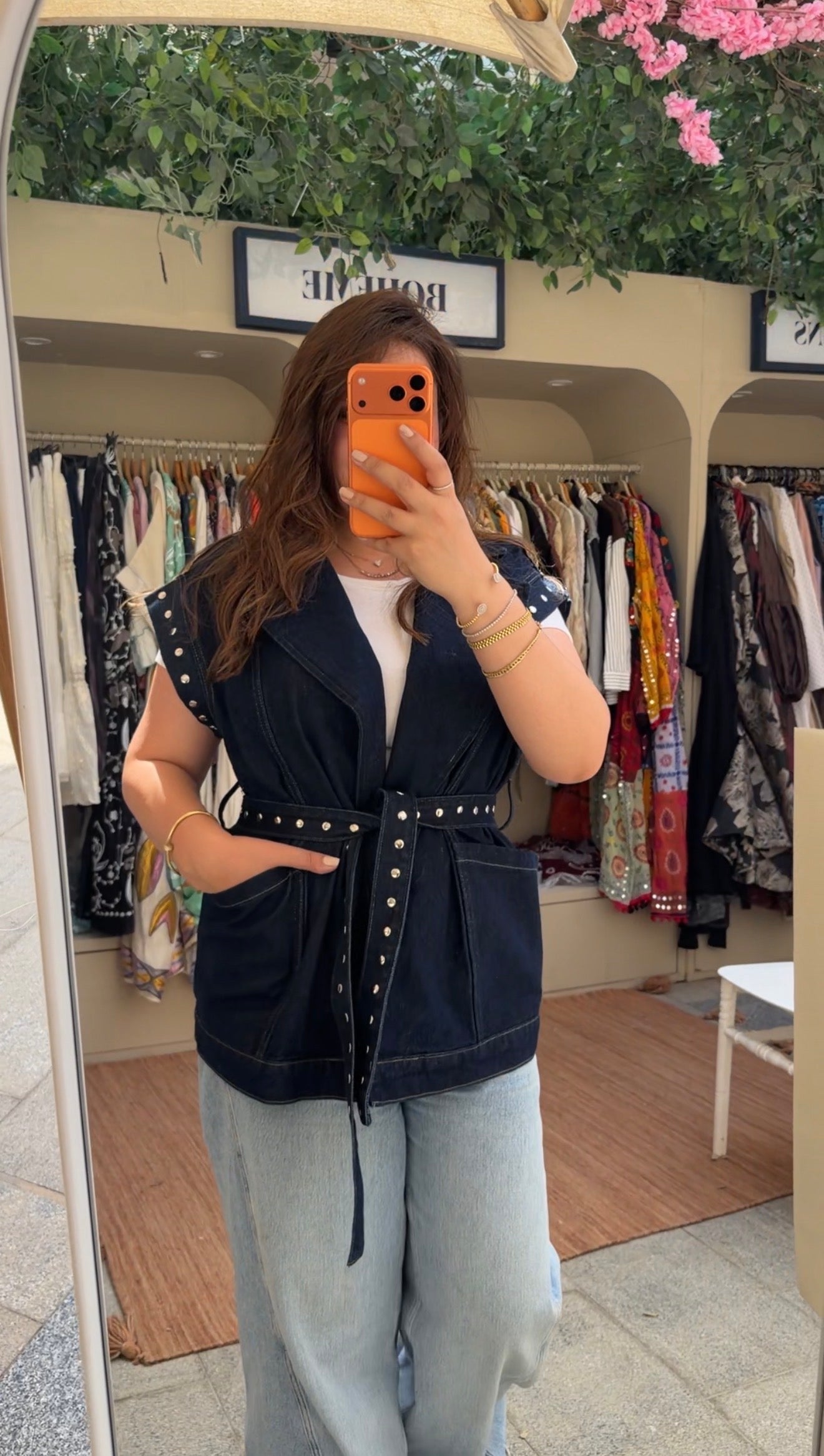 Dark Blue Denim Studded Vest With Belt & Pockets