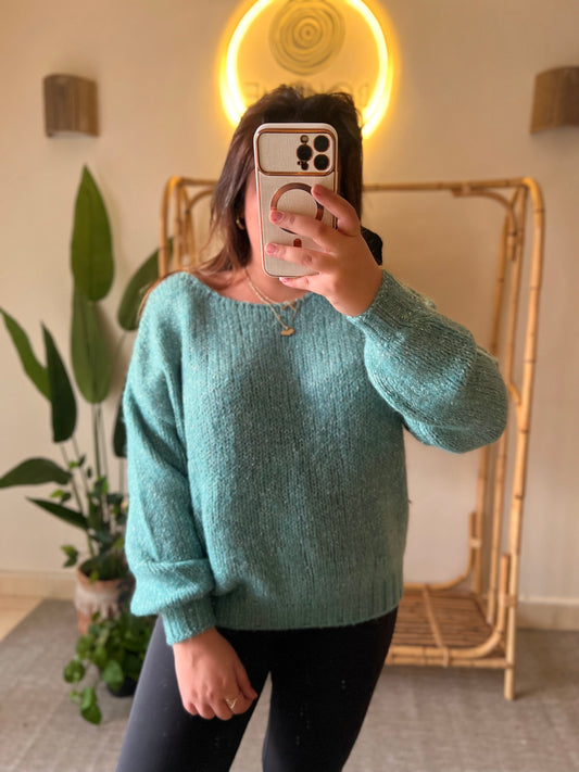 Turquoise Mohair Pullover With Silver Threads