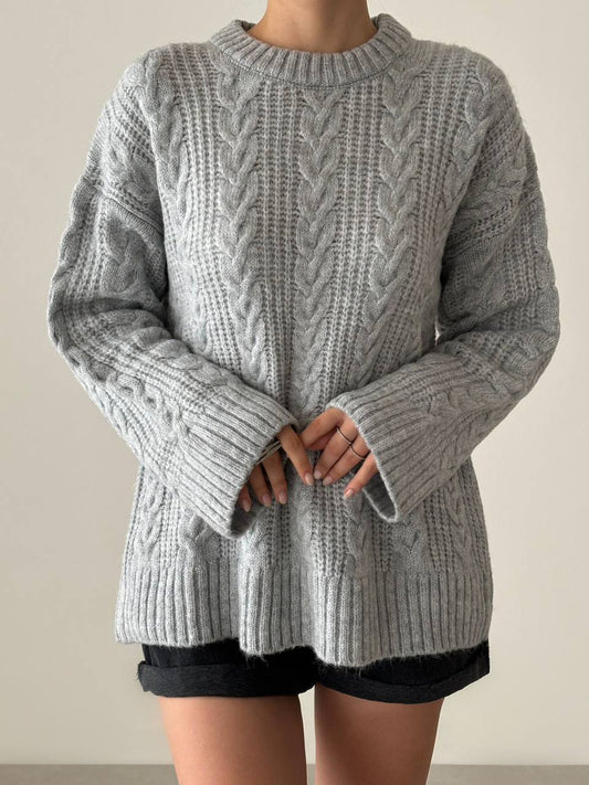 Grey Braided Bell Sleeves Pullover