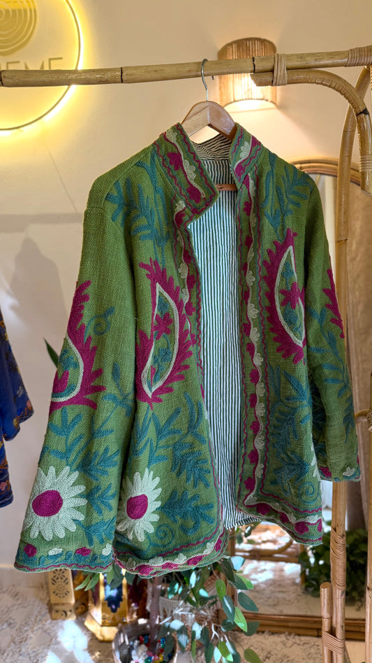 Green Fuchsia Suzani Embroidered Long Jacket