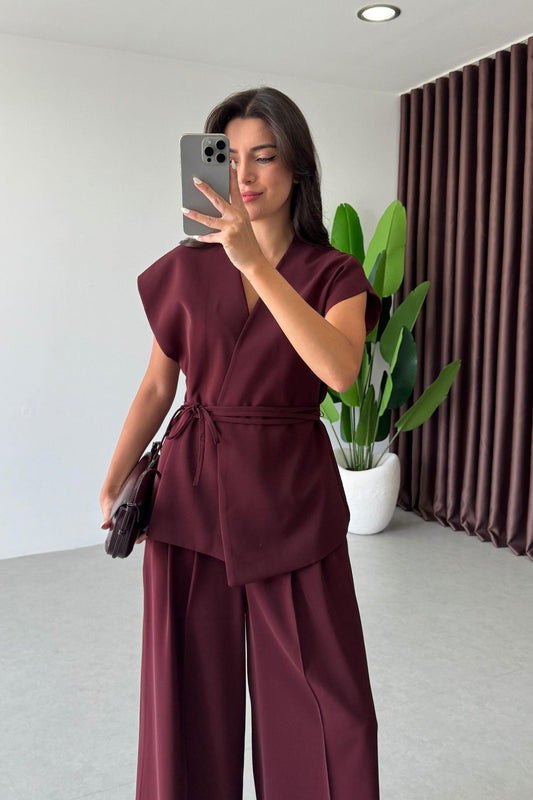 Burgundy Belted Vest & Wide Leg Pants Set