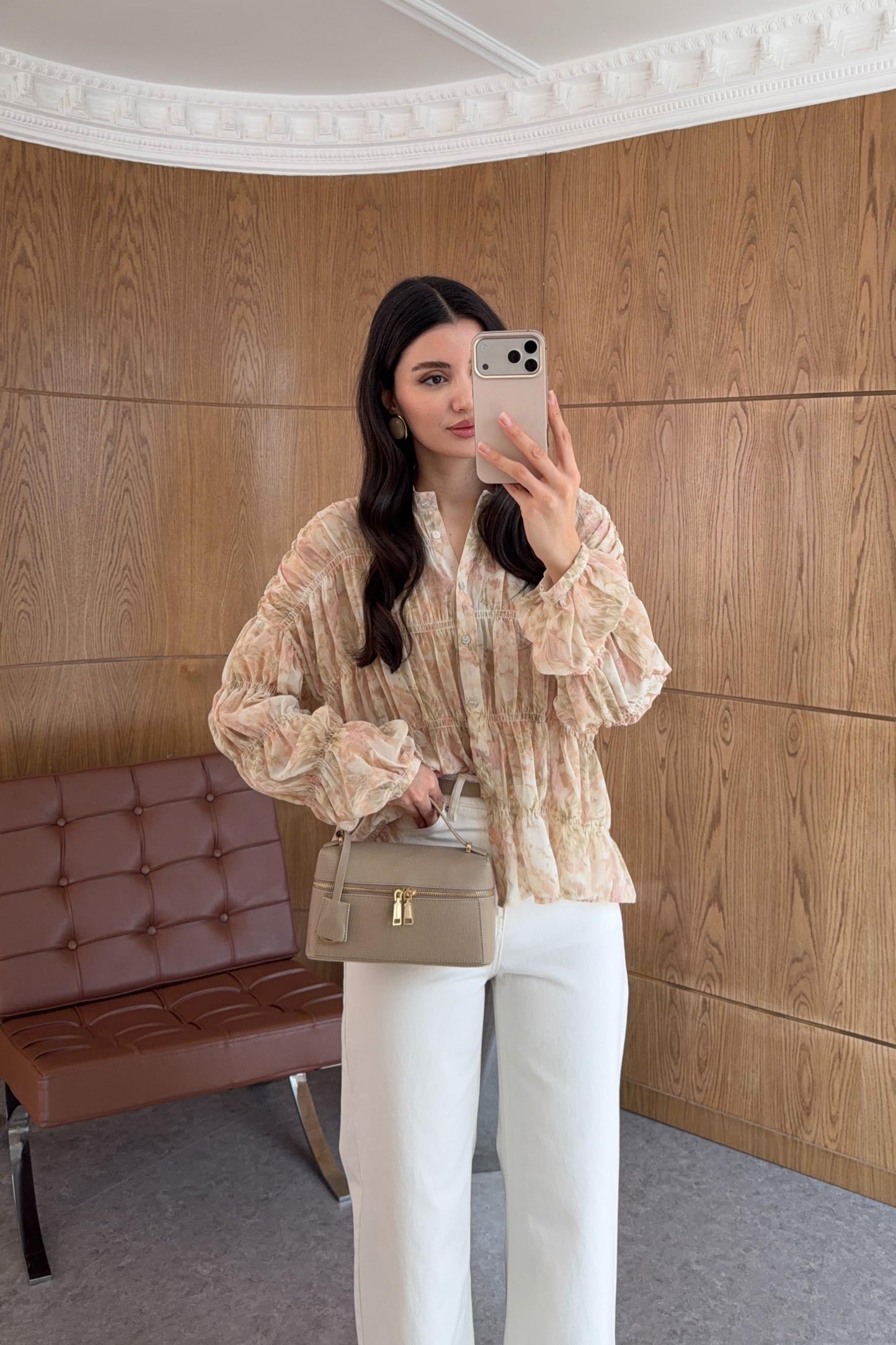 Beige Smocked Chiffon Vintage Blouse