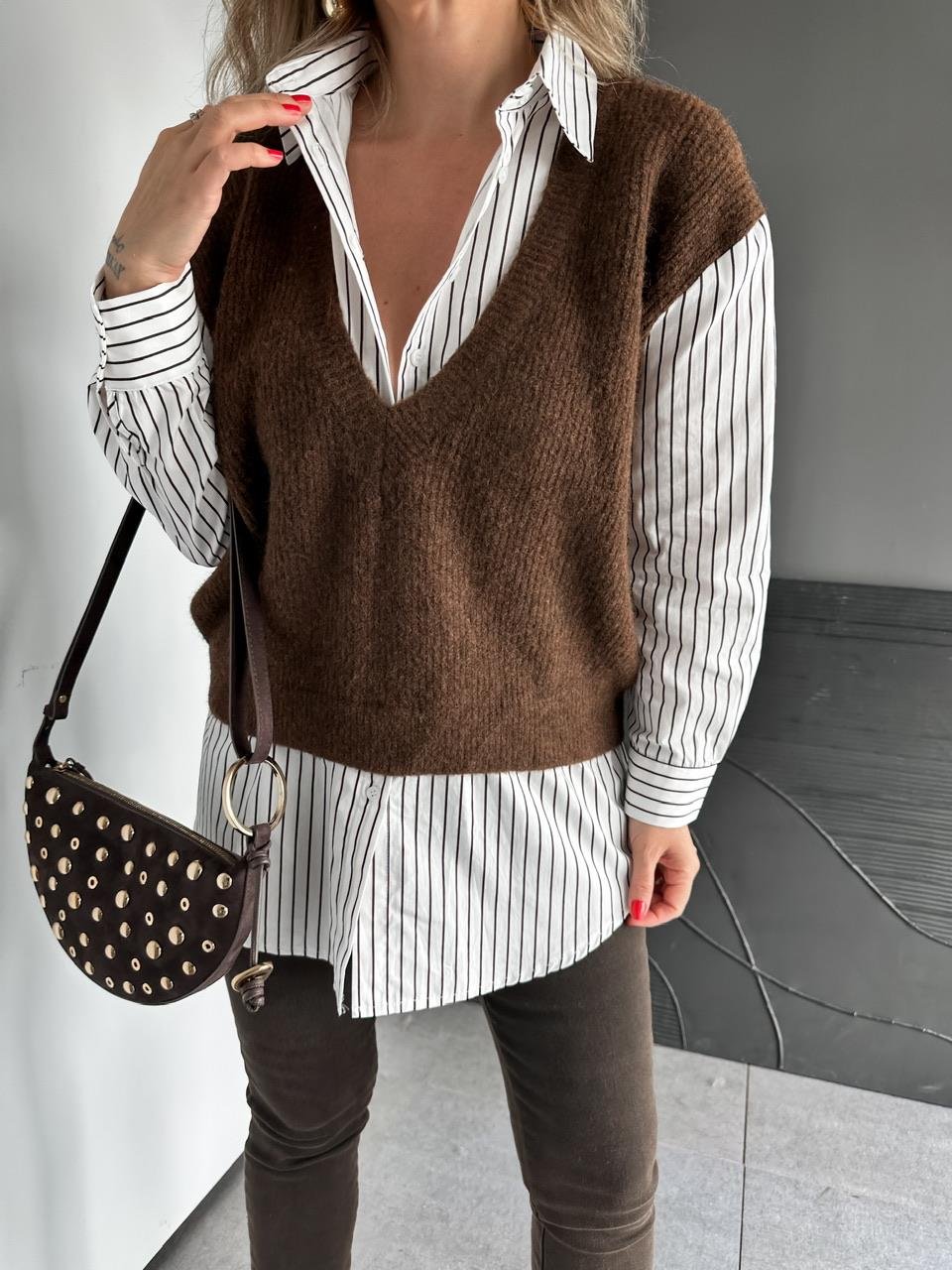 Brown V Triko Vest With Striped Black Cotton Shirt (one piece)