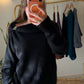 Black Draped Shoulder Pullover With Silver Appliqué