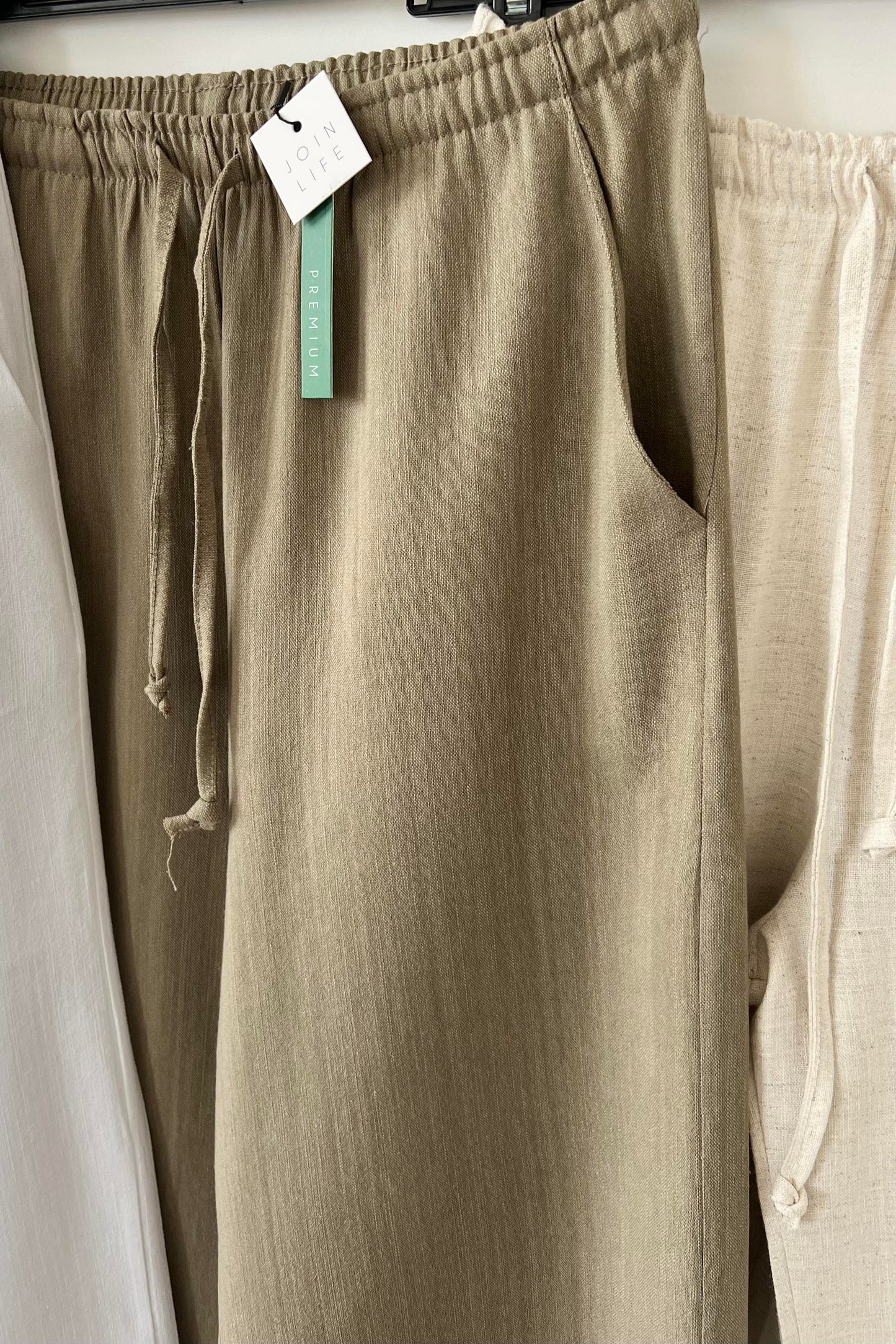 Olive Stripy Linen Straight Leg Pants With Elastic Waist