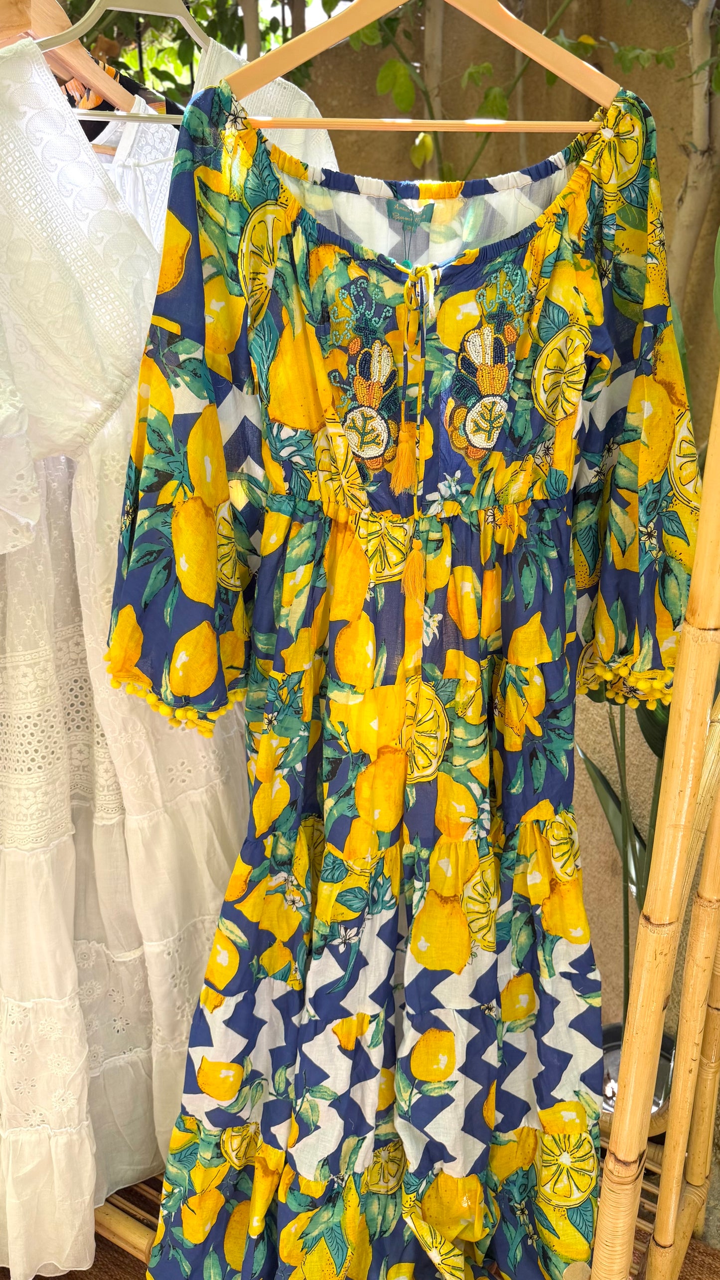 Antica Sartoria Blue Lemon Dress With Handmade Embroidery Beads