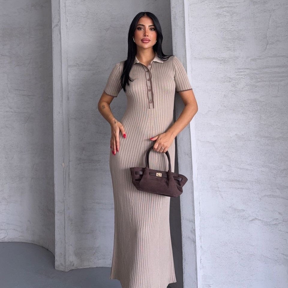 Cafe Triko Ribbed Dress With Brown Stripes