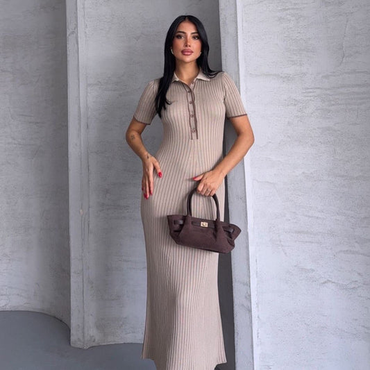 Cafe Triko Ribbed Dress With Brown Stripes