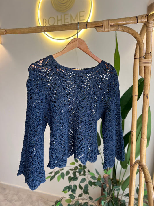 Navy Crochet Top With Bell Sleeves