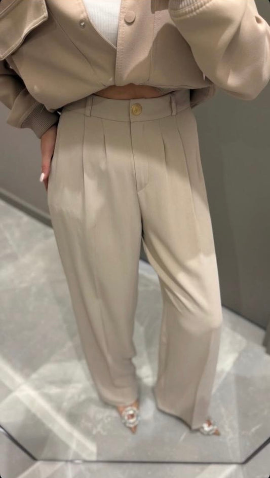 Beige Classic Pants With Golden Button