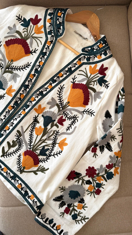 Persian Floral White Embroidered Jacket (PREORDER DELIVERY IN 10 DAYS)