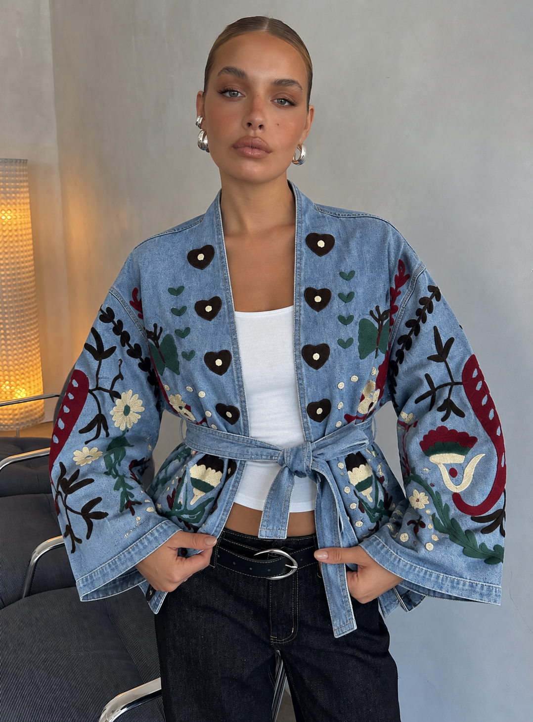 Blue Fully Embroidered Denim Belted Jacket