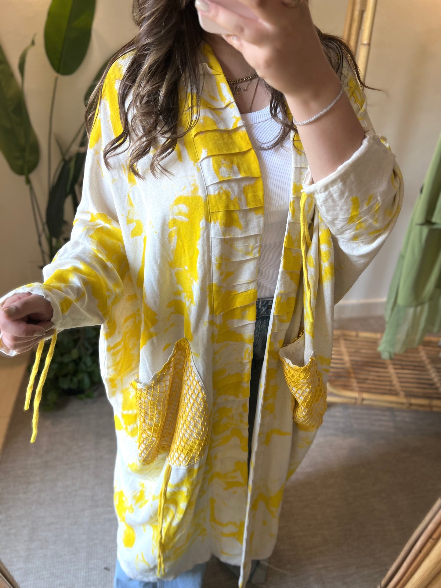 Linen Yellow X Beige Kimono With Pockets & Fishnet Details