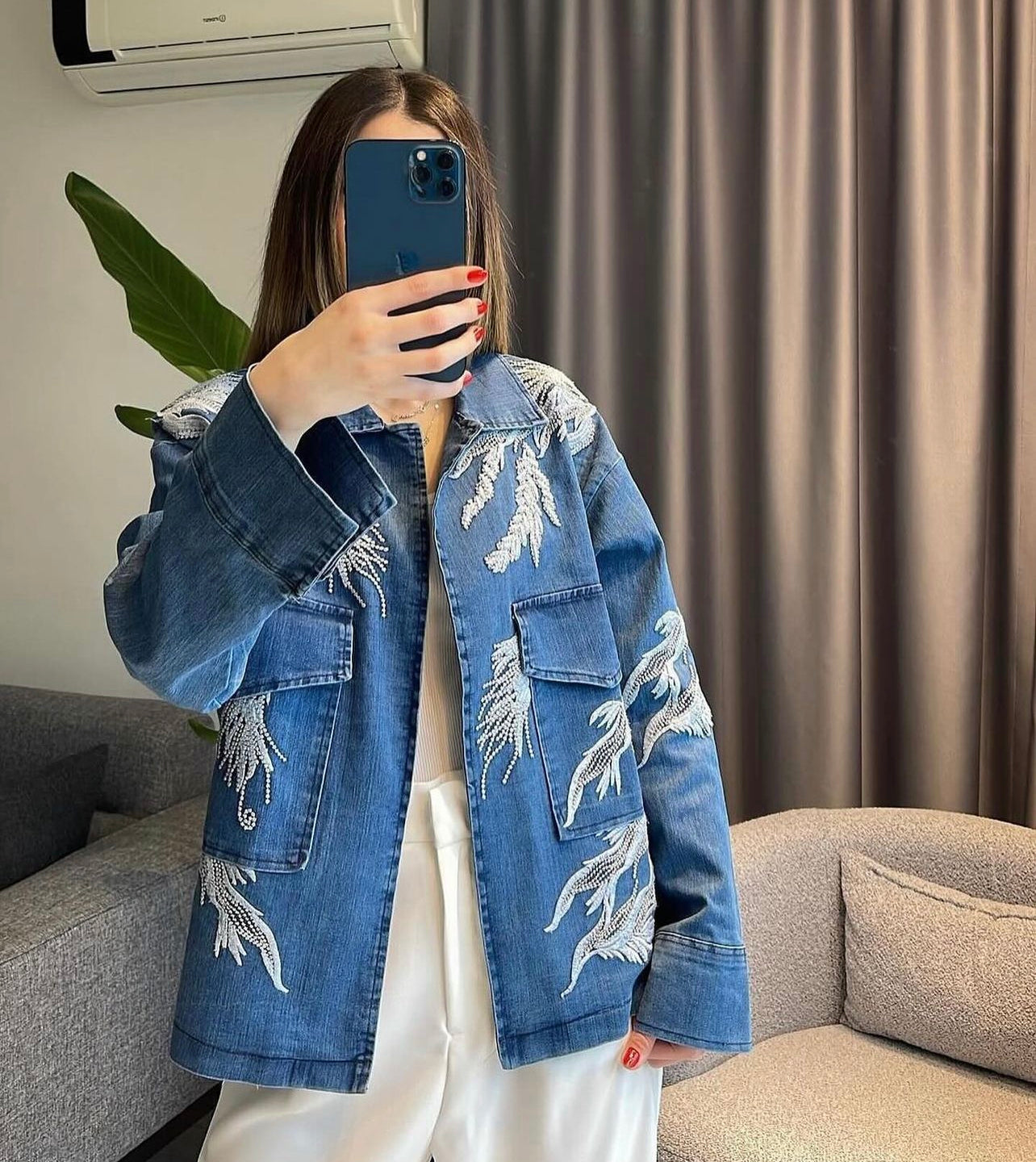 Embroidered Denim Jacket With Pockets