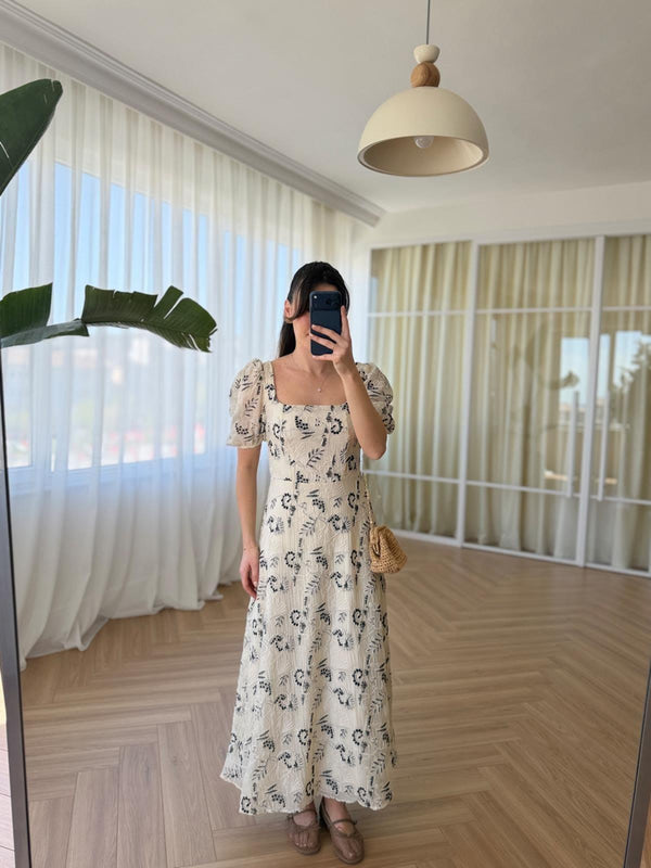 Beige & Black Vintage Embroidered Dress With Square Neck