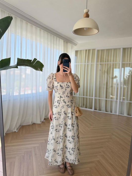 Beige & Black Vintage Embroidered Dress With Square Neck