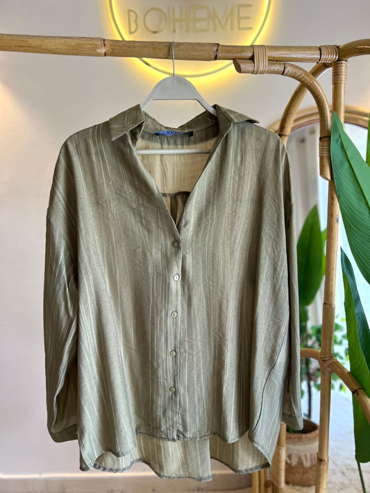 Olive Striped Oversized V Neck Shirt