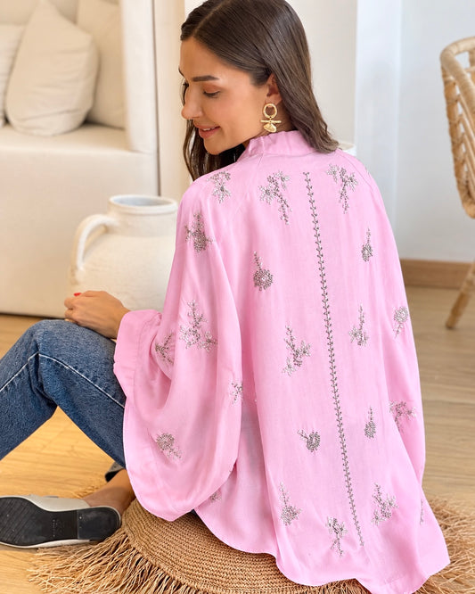 Pink Floral Bead-Embellished Kimono