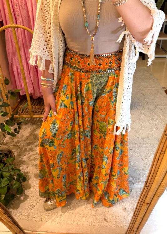 Orange Paisley Satin Embroidered Skirt Pants