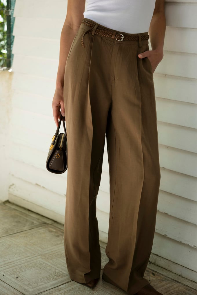 Brown Linen Pants With Leather Belt