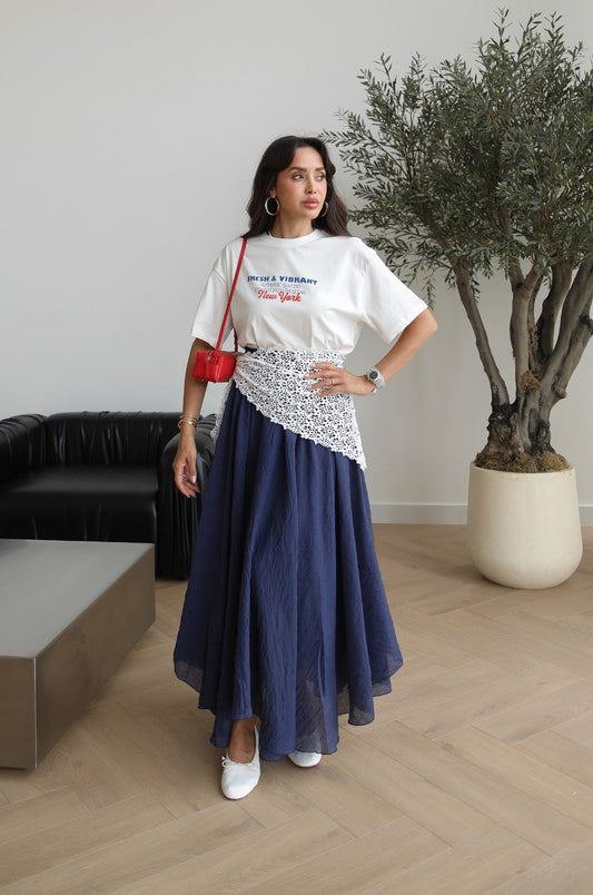 Navy Blue Asymmetrical Crinkled Chiffon Skirt