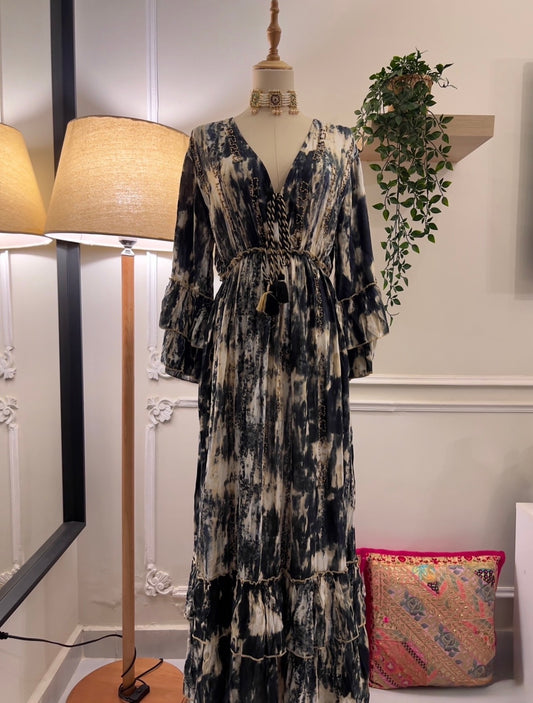 The Spanish Black Marble Ruffled Dress