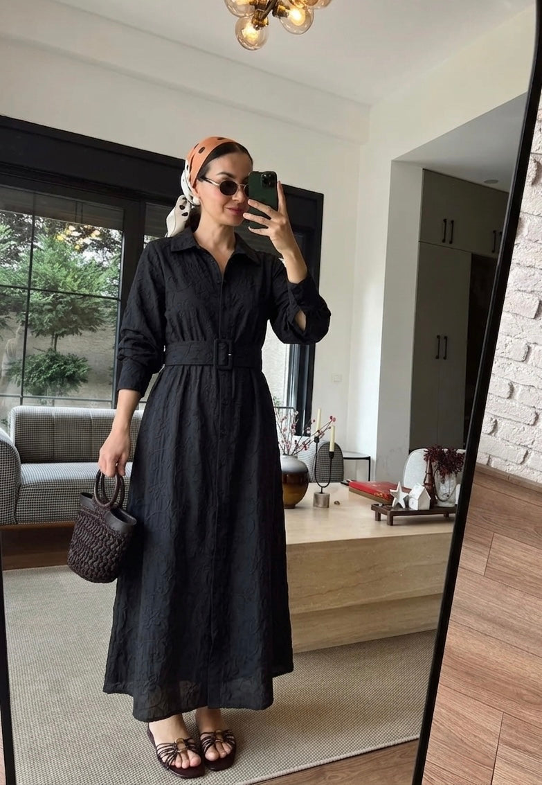 Black Embroidered Floral Belted Dress