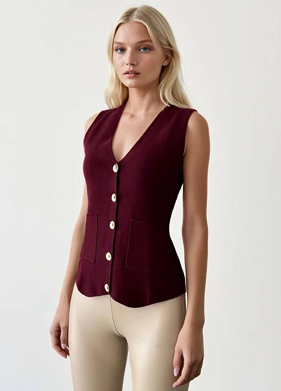 Burgundy Vest With Golden Buttons & Pockets