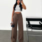 Brown Stripy Linen Straight Leg Pants With Elastic Waist