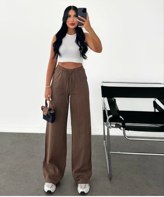 Brown Stripy Linen Straight Leg Pants With Elastic Waist