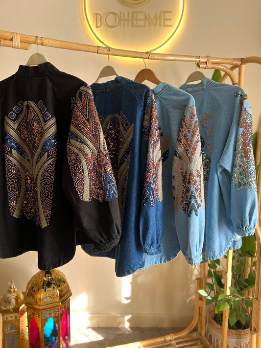Black Denim Embroidered Sequin Kimono