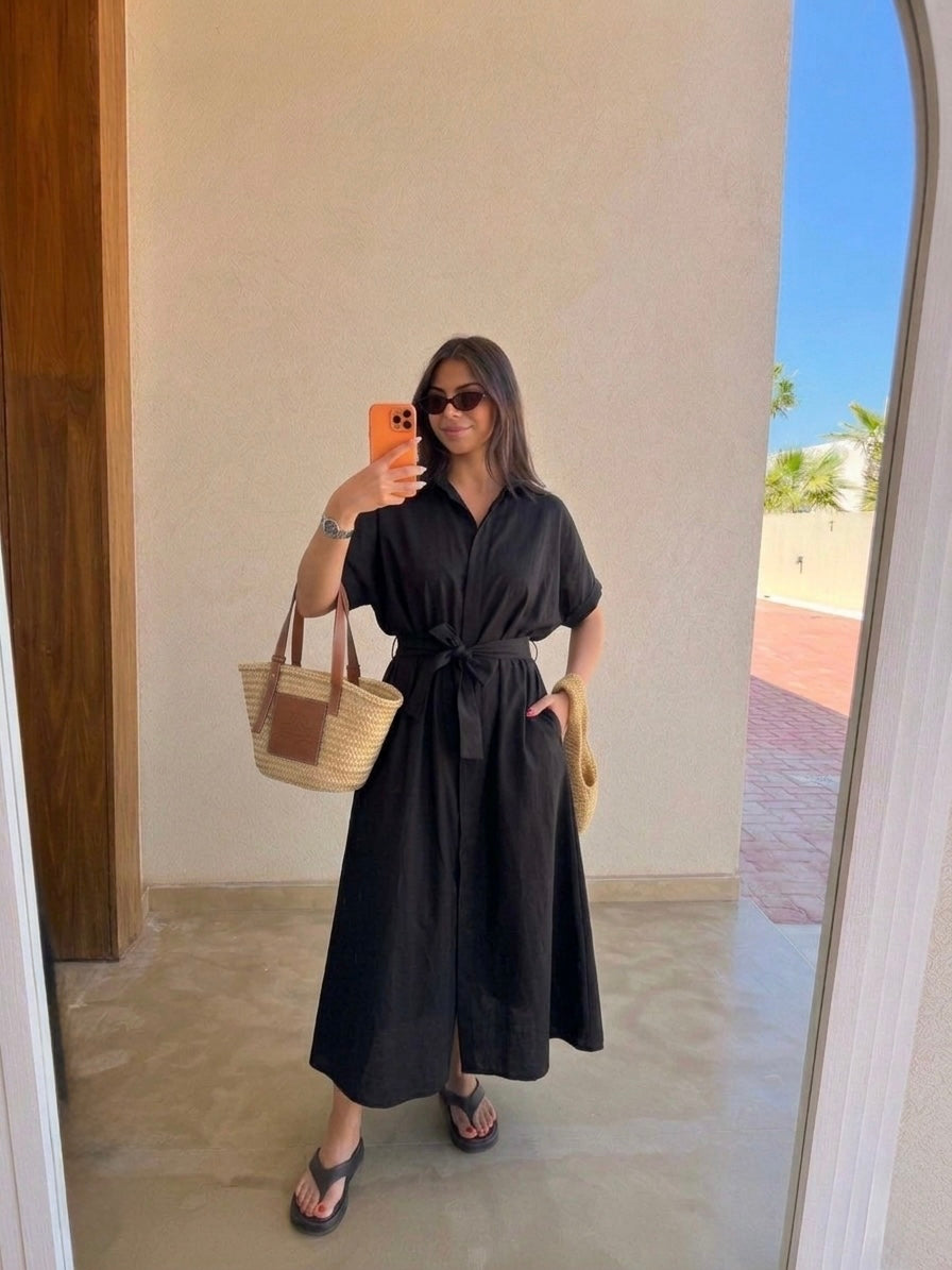 Black Linen Belted Dress