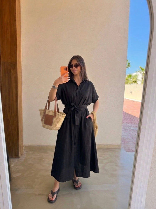 Black Linen Belted Dress