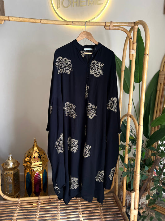 Black Boho Shirt Dress With Golden Threads Embroidery