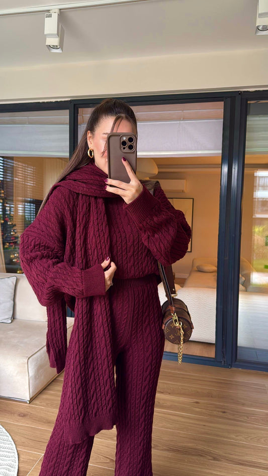 Burgundy Braided Triko Set With Scarf