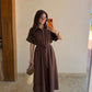 Chocolate Brown Linen Belted Dress